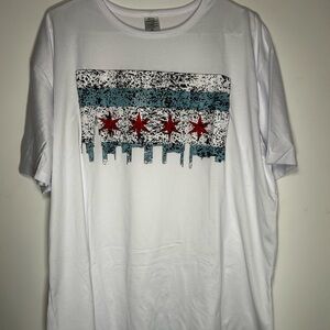 White Graphic T-Shirt with Red and Blue Design